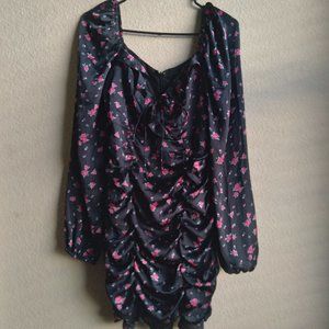 NWT Forever 21 Black Pink Floral Puff Sleeve Dress with Ruching and Tie Front